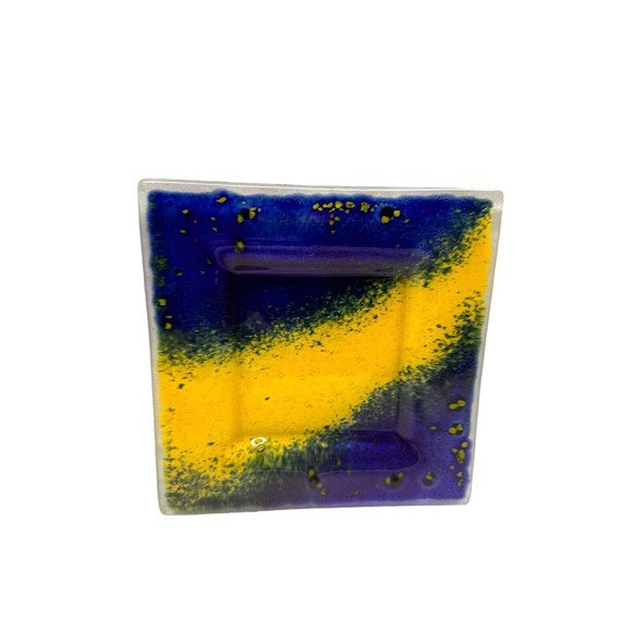 Art Fused Glass Square Tray With Bubbles In Green Blue And Yellow 7" x 7" - Picture 1 of 5